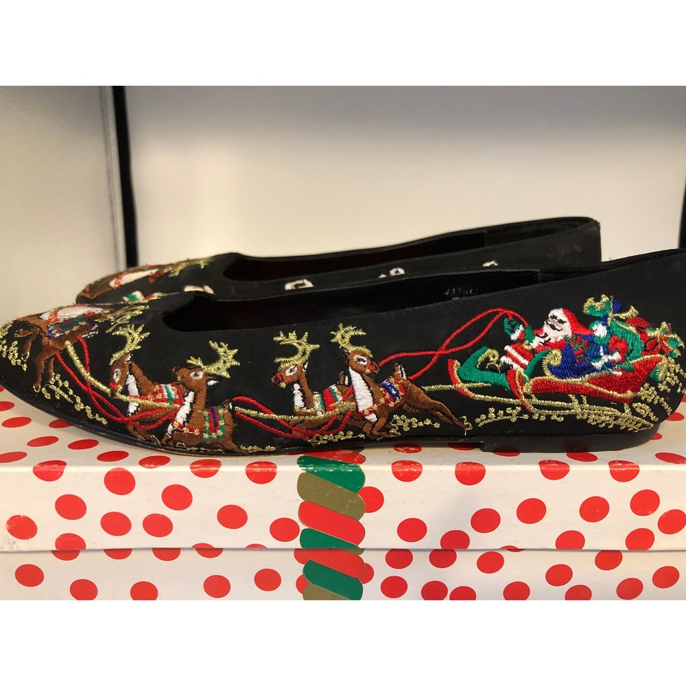 Vtg J. Renee Christmas Embroidered Black Velvet Flats Santa Reindeer Loafers 7M